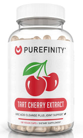 Purefinity capsules cerise acide – bouteille présentant le produit et soutien potentiel des articulations.