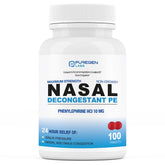 Puregen Labs décongestionnant nasal PE 100 comprimés sur emballage, soulagement pratique.