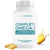PureHealth Research Omega3 gelules bouteille: soutien quotidien du coeur et du cerveau.