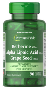 Puritan's Pride Berberine-ALA-Graine de Vigne — bouteille et gélules, soutien antioxydant potentiel.