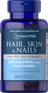 Puritan's Pride – Bouteille de gélules, soutien potentiel pour cheveux sains et peau éclatante.