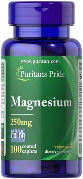 Puritan's Pride Magnésium 250 mg caplets – boîte 100, vue d'ensemble et apport quotidien.