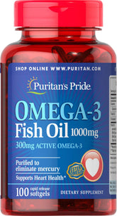 Puritan's Pride Oméga-3 1000 mg — bouteille, soutien potentiel à la santé cardiaque.