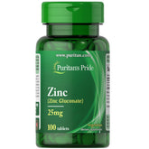 Puritan's Pride Zinc 25 mg – bouteille vue de face, soutien immunitaire potentiel.