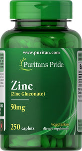 Puritan's Pride Zinc 50 mg – bouteille avec gélules végétariennes et soutien immunitaire potentiel.