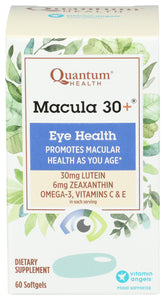 Quantum Macula 30+ – flacon et gélules bleues pour le soutien potentiel à la macula.