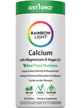 Rainbow Light Calcium Complex bouteille montrant la formule vegan pour soutenir la densité osseuse.
