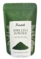 Poudre Raslok Spiruline: présentation du pot et texture pure pour énergie naturelle.