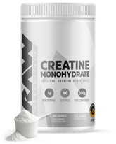 Bouteille RAW Nutrition Creatine Monohydrate, poudre pure pour soutenir l’endurance et la force.