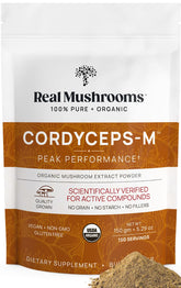 Real Mushrooms Cordyceps poudre: focus sur le corps fructifiant et pureté élevée pour une utilisation quotidienne