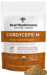 Real Mushrooms Cordyceps poudre emballage montrant le flacon et l'étiquette, pur et sans additifs.