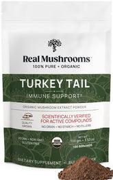 Real Mushrooms queue-de-dinde poudre emballage clair prêt pour routine bien-être.