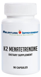 Relentless Improvement Vitamin K2 MK4, bouteille visible, soutien potentiel des os dans une routine quotidienne.