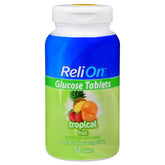 Relion tablettes glucose saveur fruits tropicaux, boîte pratique pour déplacements.