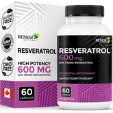 Renew Actives Resveratrol: bouteille et étiquette affichant 600 mg par portion, soutien potentiel à la vitalité.