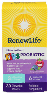Bouteille Renew Life Kids Probiotic saveur framboise et présentation attrayante.