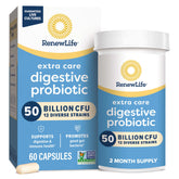 Renew Life Extra Care probiotiques bouteille et étiquette montrant 50 milliards de cultures vivantes pour soutenir la digestion