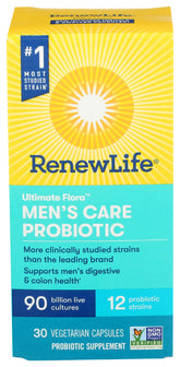 Renew Life Ultimate Flora Probiotiques pour Hommes – bouteille prête à l'emploi pour le confort digestif.
