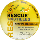 Pastilles Rescue orange et sureau dans l'emballage, pratique pour le stress.