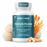 Reset+Rise: bouteille de capsules pour concentration naturelle au quotidien.