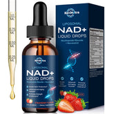 ReviNutra NAD liposomal, bouteille fraise, énergie soutenue et plaisir de boire.