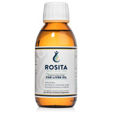 Rosita huile de foie de morue liquide en bouteille, riche en oméga et vitamines.