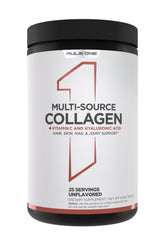 Rule1 Multi-Source Collagen : bouteille et poudre prête à ajouter pour cheveux et peau.