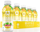 RYSE Clear Protein Drink Ananas Island, bouteille verte et texturée, aperçu de la boisson claire