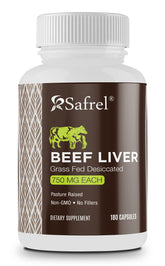 Safrel foie de boeuf deshydrate en capsules dans bouteille, source naturelle de fer.