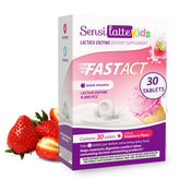 SENSI LATTE Lactase 9000 FCC, tablettes fraise dans emballage, aide potentielle à digérer les produits laitiers.