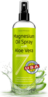 Bouteille Seven Minerals magnésium avec Aloe Vera, format 12oz pour application douce et pratique.