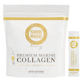 Shore Magic Poudre de collagène marin en bouteille, idéal pour peau et articulations.