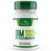 Simlike DIM Détox, bouteille sur table, soutien potentiel à l'équilibre hormonal.