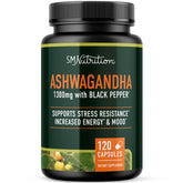 SMNutrition Ashwagandha – bouteille affichant l'étiquette, soutien potentiel au stress