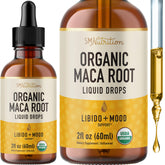 Bouteille SMNutrition Maca gouttes sur table, énergie naturelle et équilibre.