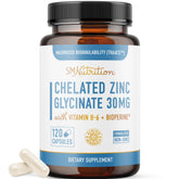 SMNutrition Zinc Chelaté Bisglycinate 30 mg — bouteille visible, soutien immunitaire potentiel.