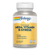 SOLARAY Mega Vitamin B-Stress: bouteille ouverte, routine quotidienne prête.