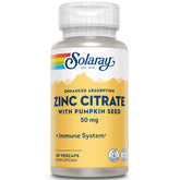 Solaray Zinc Citrate 50 mg – bouteille affichant la formulation biodisponible pour l'assimilation.