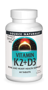Source Naturals Vitamine K2+D3 – bouteille affichant le dosage, soutien potentiel des os et du cœur.