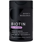 Sports Research Biotin 5000mcg — bouteille visible, soutien potentiel à l'énergie quotidienne.