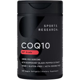 Sports Research CoQ10: bouteille montrant une absorption améliorée grâce à l'huile de coco.