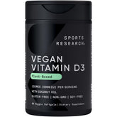 Sports Research D3 végane, bouteille capsules végétales coco, absorption optimale.