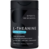 Sports Research L-Theanine 200mg - bouteille exposée, soutien à la concentration et au calme.
