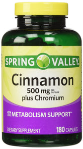 Spring Valley Cannelle-Chromium, bouteille de 180 gélules pour un métabolisme potentiel.