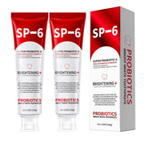 SP-6 SPRINGSUGAR, emballage du dentifrice et aperçu du soin probiotiques.