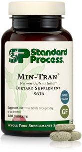 Min-Tran Standard Process: vue de la bouteille de comprimés pour le soutien nerveux et le sommeil.
