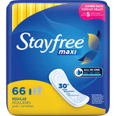 Stayfree Maxi Regular aperçu emballage montrant protection fiable pour flux modérés