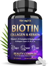 StrongVit: bouteille de gélules Biotine et Acide Hyaluronique pour cheveux et peau hydratée.