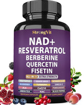 StrongVit NAD Resveratrol liposomal en bouteille, soutien énergétique potentiel.