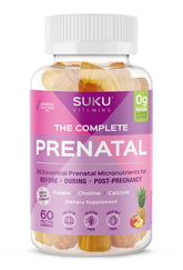 SUKU prénatales gummies bouteille ouverte, prise quotidienne facile.